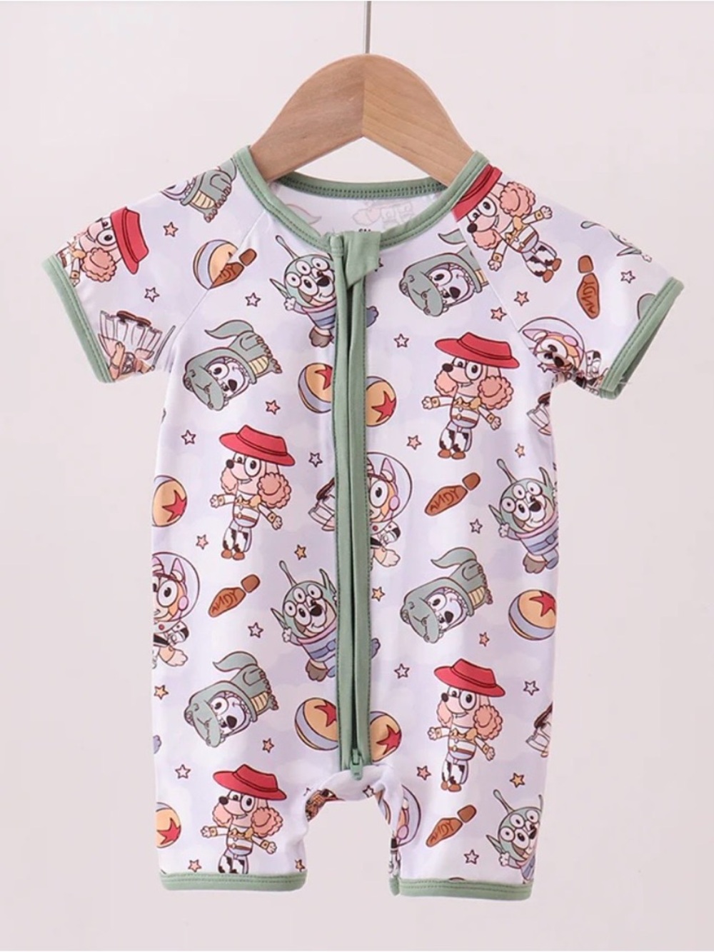 Kids Short-Sleeve One-Piece Romper in White with Green Trim
